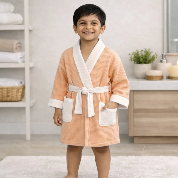 Cotton Micro Waffle Bathrobe | Shawl Collar | Peach