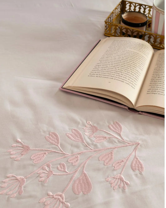 500 TC White Bedsheet with Contrast Embroidery | Pink