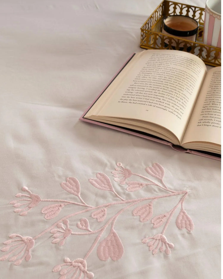 500 TC White Bedsheet with Contrast Embroidery | Pink